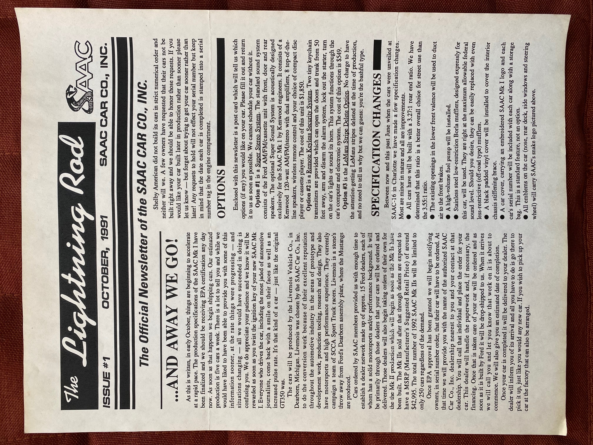 The Lightning Rod — SAAC Car Company Newsletter Issue 1 October 1991