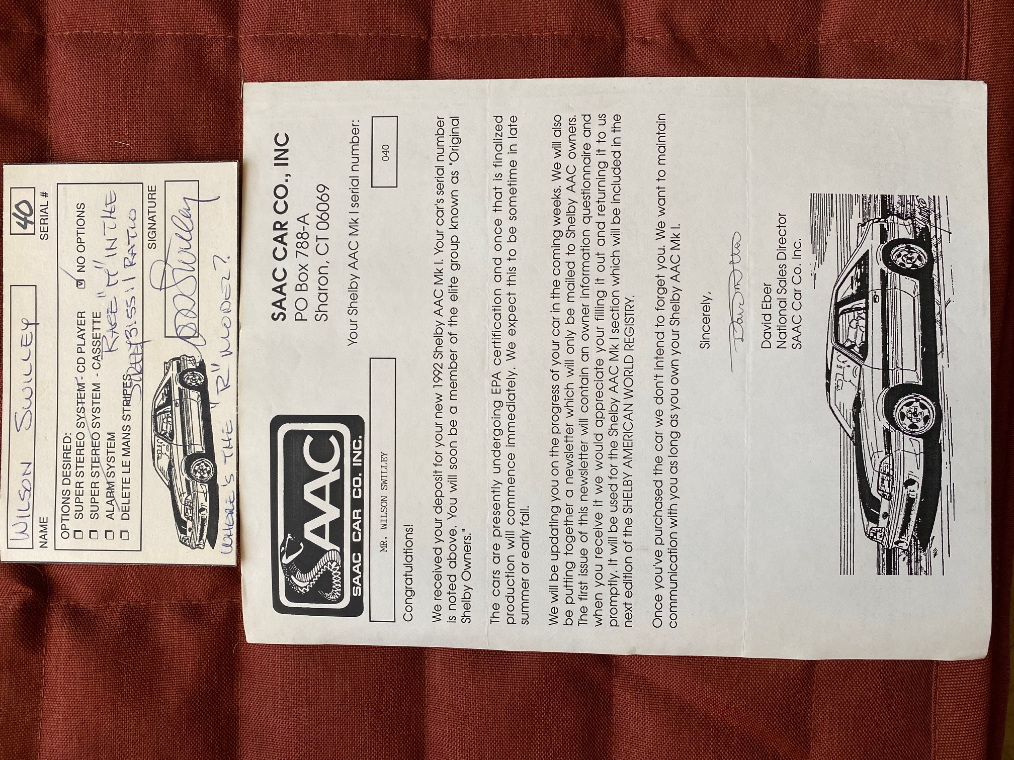 SAAC purchase acknowledgment letter signed by Ken Eber and Rick Kopec