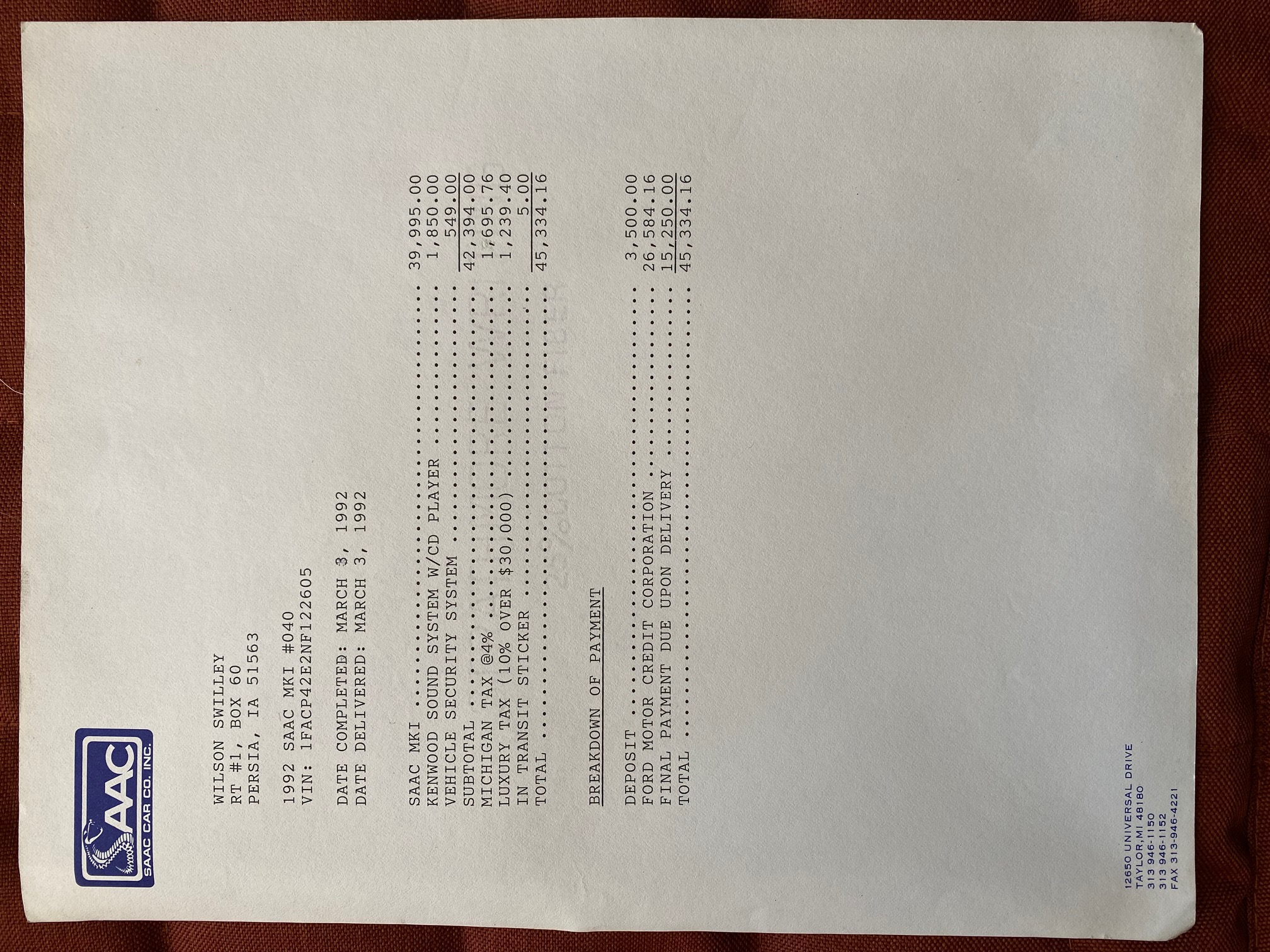 Original SAAC MK I #040 invoice — Wilson Swilley $45,334.16