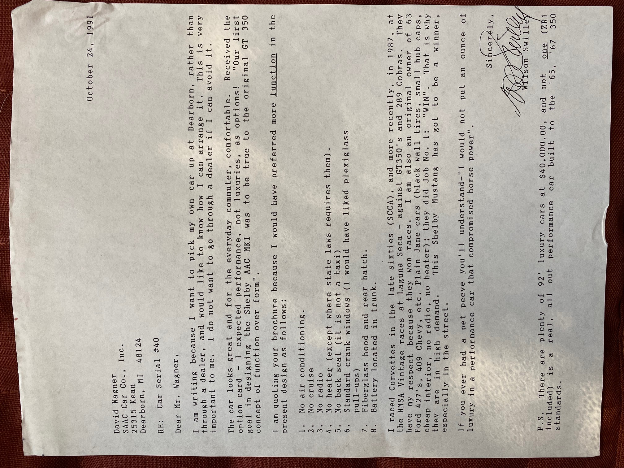 Wilson Swilley personal letter to David Wagner — October 1991