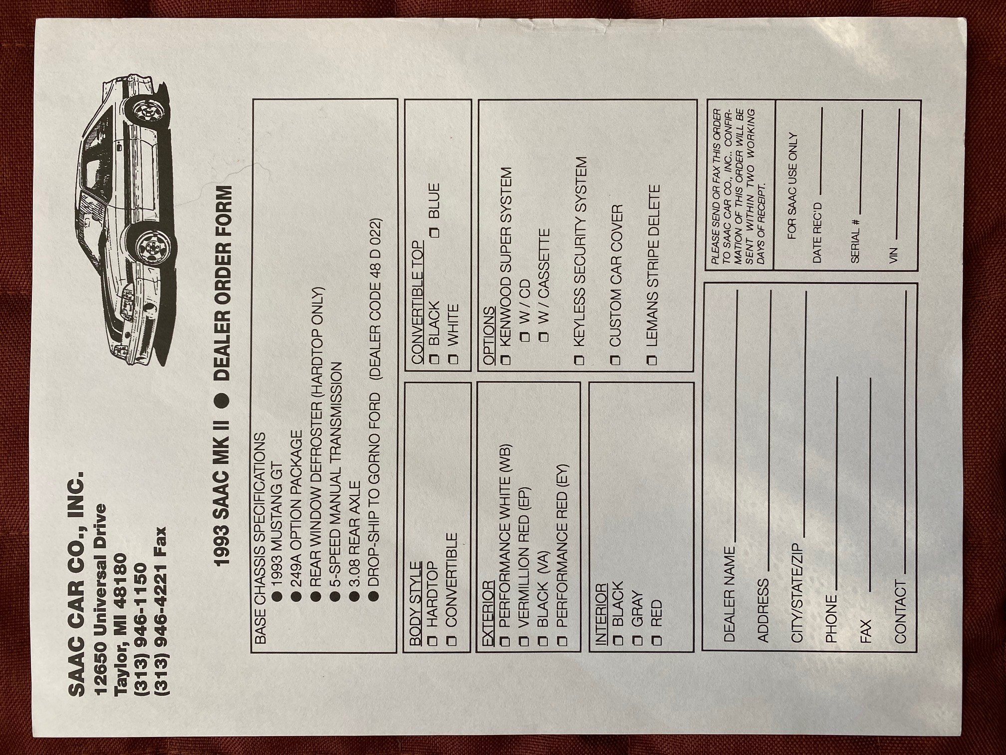 1993 SAAC MK II Dealer Order Form