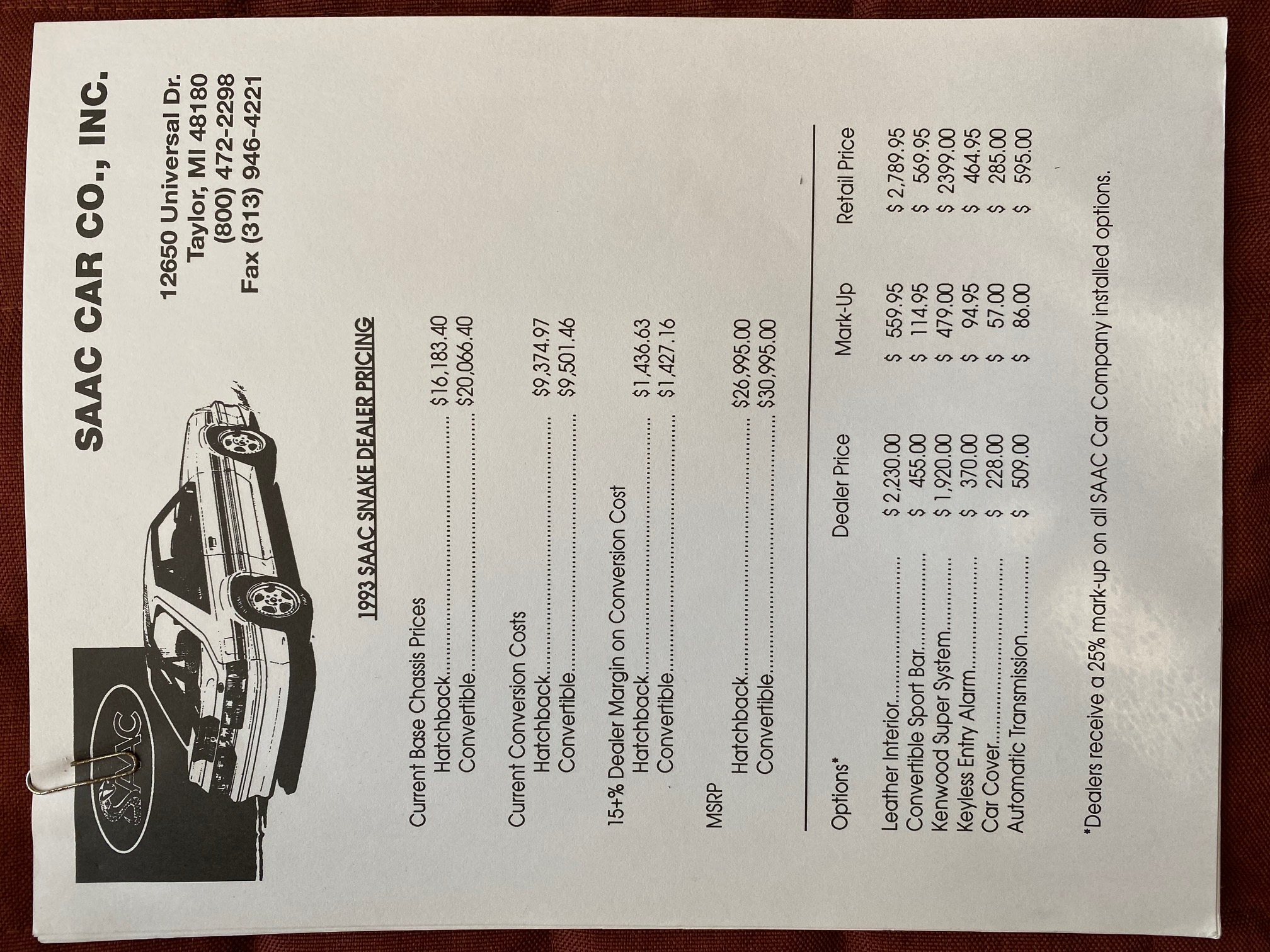 1993 SAAC Snake Dealer Pricing Sheet