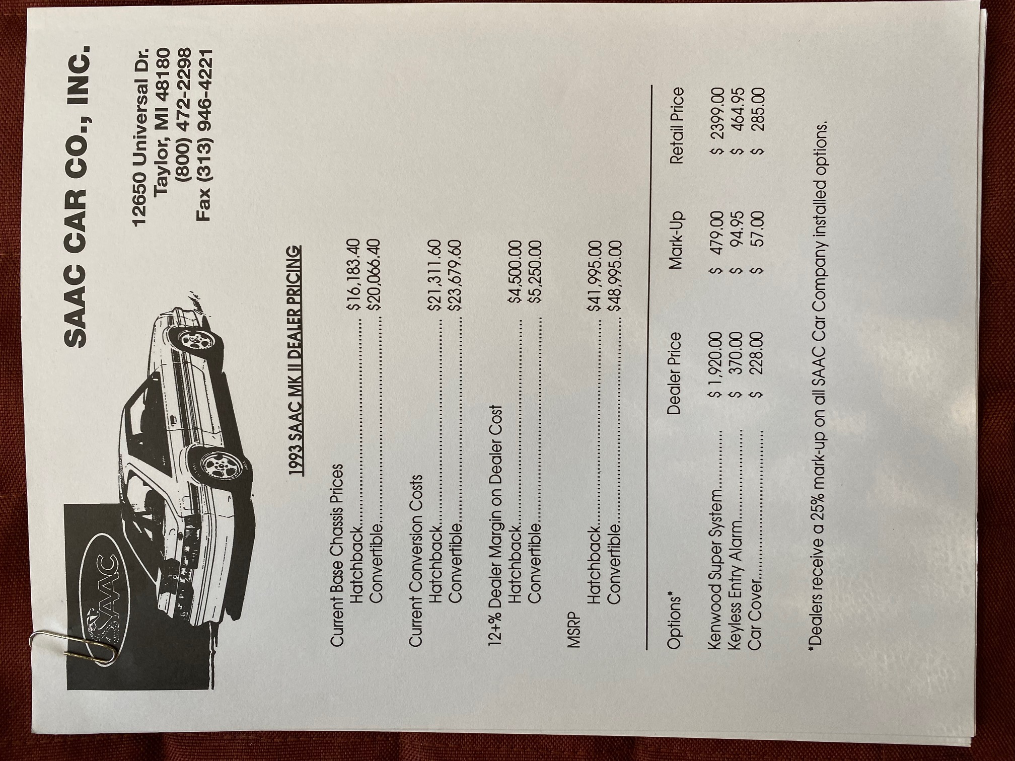 1993 SAAC MK II Dealer Pricing Sheet