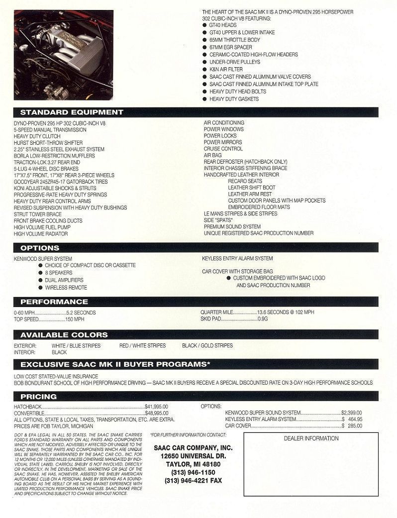 1993 SAAC MK II Specification and Pricing